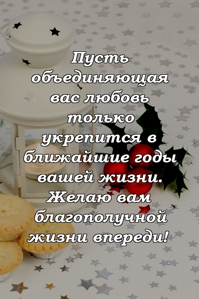 Пусть объединяющая вас любовь только укрепится в ближайшие годы вашей жизни. Желаю вам благополучной жизни впереди!