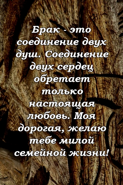 Брак - это соединение двух душ. Соединение двух сердец обретает только настоящая любовь. Моя дорогая, желаю тебе милой семейной жизни!