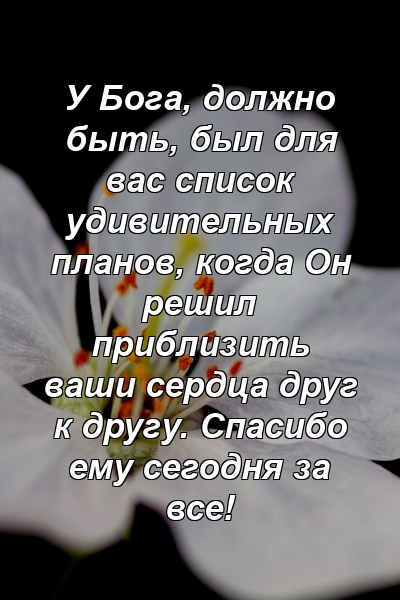 У Бога, должно быть, был для вас список удивительных планов, когда Он решил приблизить ваши сердца друг к другу. Спасибо ему сегодня за все!