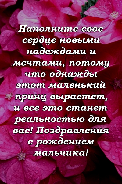 Наполните свое сердце новыми надеждами и мечтами, потому что однажды этот маленький принц вырастет, и все это станет реальностью для вас! Поздравления с рождением мальчика!