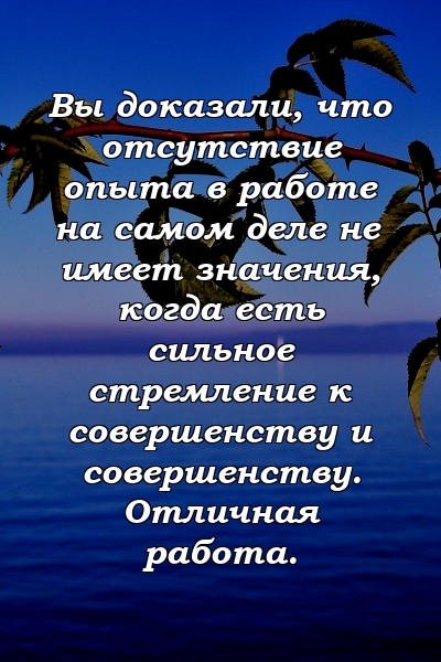 Вы доказали, что отсутствие опыта в работе на самом деле не имеет значения, когда есть сильное стремление к совершенству и совершенству. Отличная работа.