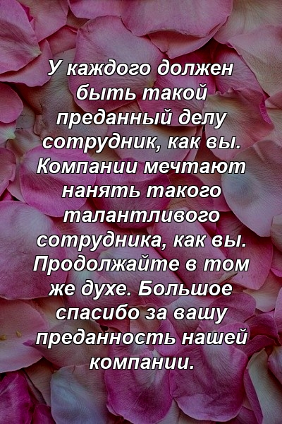 У каждого должен быть такой преданный делу сотрудник, как вы. Компании мечтают нанять такого талантливого сотрудника, как вы. Продолжайте в том же духе. Большое спасибо за вашу преданность нашей компании.