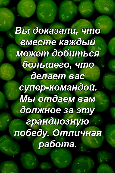 Вы доказали, что вместе каждый может добиться большего, что делает вас супер-командой. Мы отдаем вам должное за эту грандиозную победу. Отличная работа.