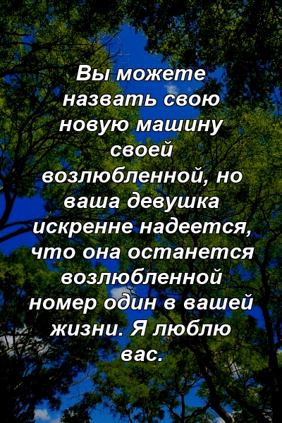 Вы можете назвать свою новую машину своей возлюбленной, но ваша девушка искренне надеется, что она останется возлюбленной номер один в вашей жизни. Я люблю вас.