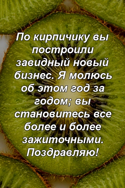 По кирпичику вы построили завидный новый бизнес. Я молюсь об этом год за годом; вы становитесь все более и более зажиточными. Поздравляю!