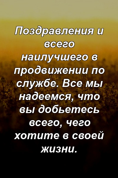 Поздравления и всего наилучшего в продвижении по службе. Все мы надеемся, что вы добьетесь всего, чего хотите в своей жизни.