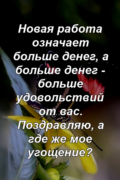 Новая работа означает больше денег, а больше денег - больше удовольствий от вас. Поздравляю, а где же мое угощение?