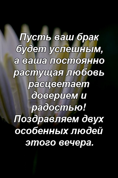 Пусть ваш брак будет успешным, а ваша постоянно растущая любовь расцветает доверием и радостью! Поздравляем двух особенных людей этого вечера.