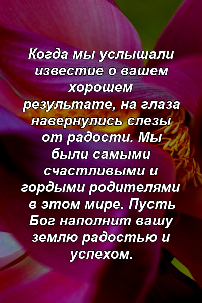 Когда мы услышали известие о вашем хорошем результате, на глаза навернулись слезы от радости. Мы были самыми счастливыми и гордыми родителями в этом мире. Пусть Бог наполнит вашу землю радостью и успехом.