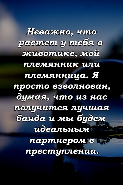 Неважно, что растет у тебя в животике, мой племянник или племянница. Я просто взволнован, думая, что из нас получится лучшая банда и мы будем идеальным партнером в преступлении.