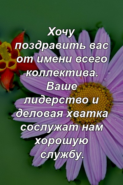 Хочу поздравить вас от имени всего коллектива. Ваше лидерство и деловая хватка сослужат нам хорошую службу.